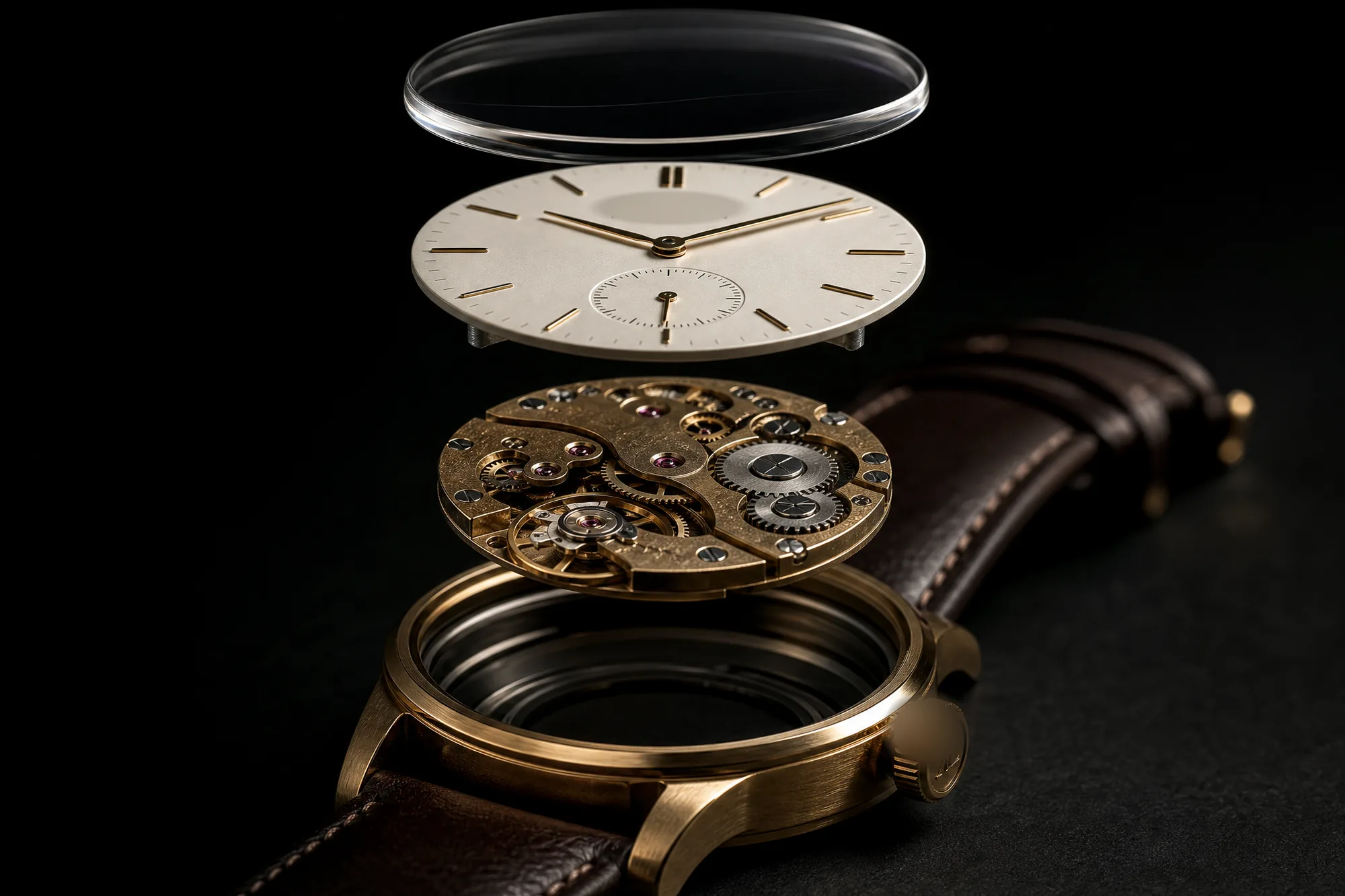 A mechanical watch in exploded view: the sapphire crystal, the opaline dial and the brass calibre suspended in line above the open gold case, with its leather strap laid alongside.