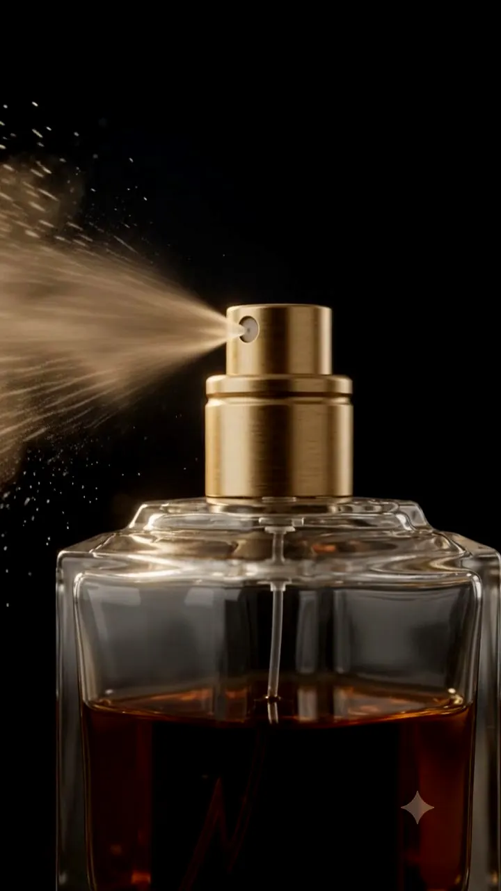 A faceted glass flacon of amber extrait releasing a fine mist from its brass atomiser.