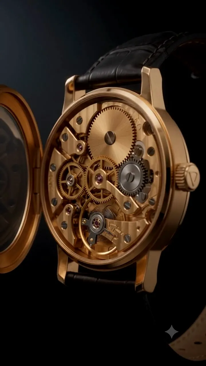 A gold mechanical watch turning from its side profile to reveal the movement beneath the crystal.